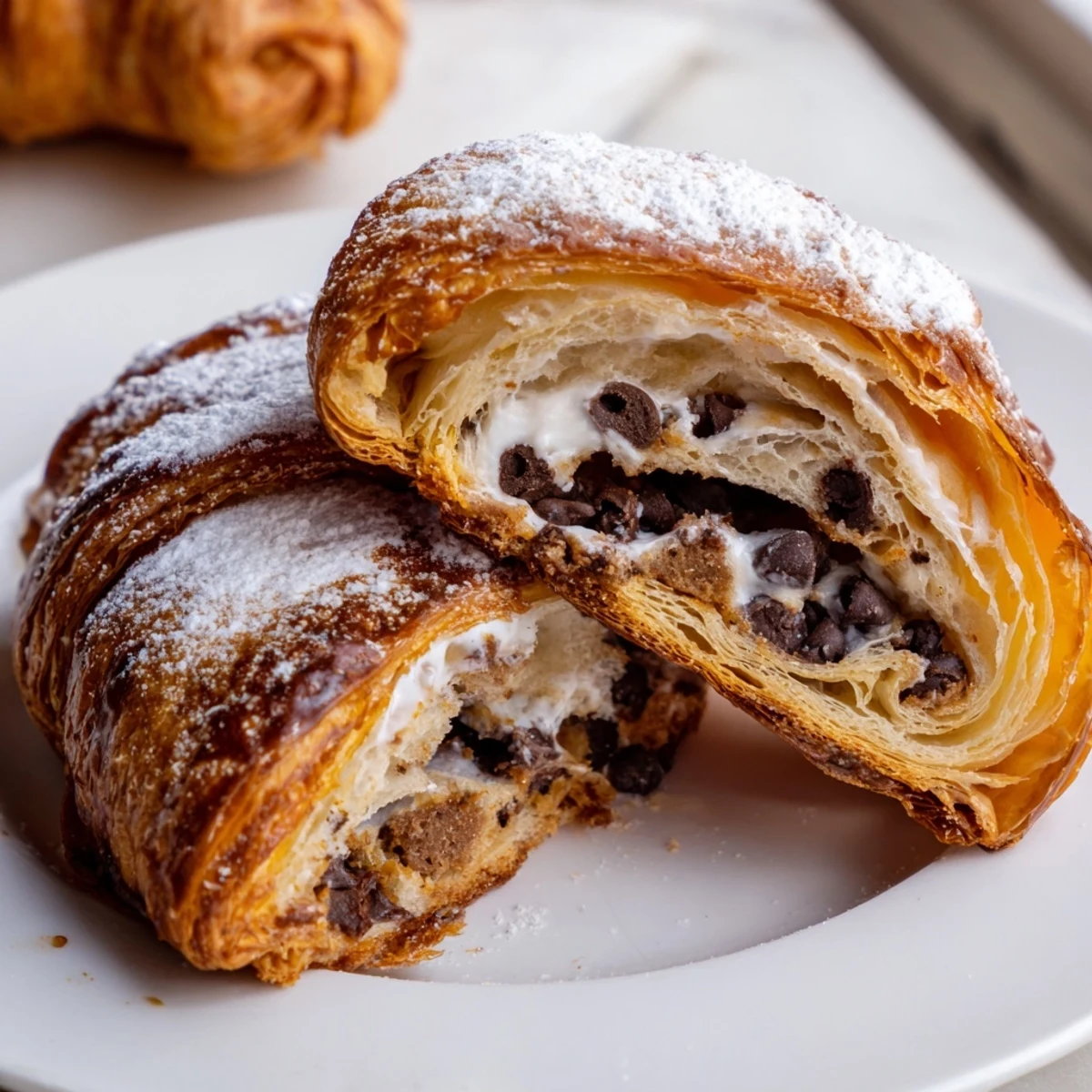 Warm, buttery Cookie Croissant ready to eat, with melted chocolate and a dusting of powdered sugar.