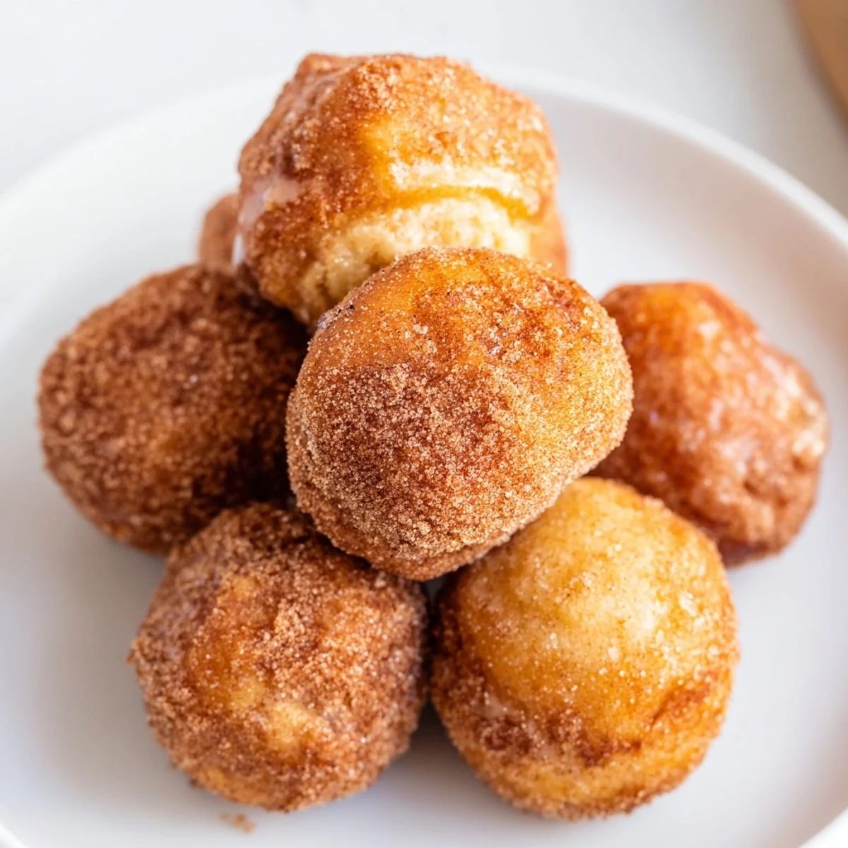 A close-up of air fryer cinnamon donuts, showing the soft, fluffy texture before drizzling.
