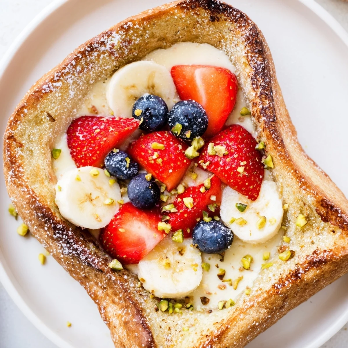 Golden baked Viral Yogurt Toast topped with colorful fresh fruit, a delightful breakfast treat.