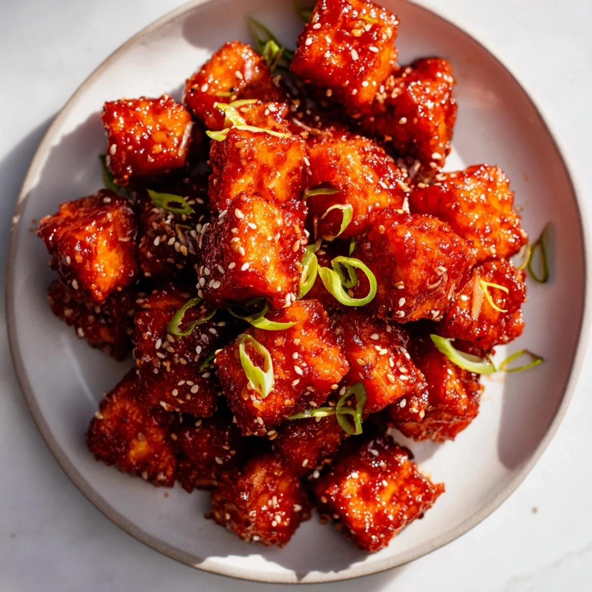 Crispy Honey Gochujang Tofu glistening with sesame seeds and green onions; a perfect bite!