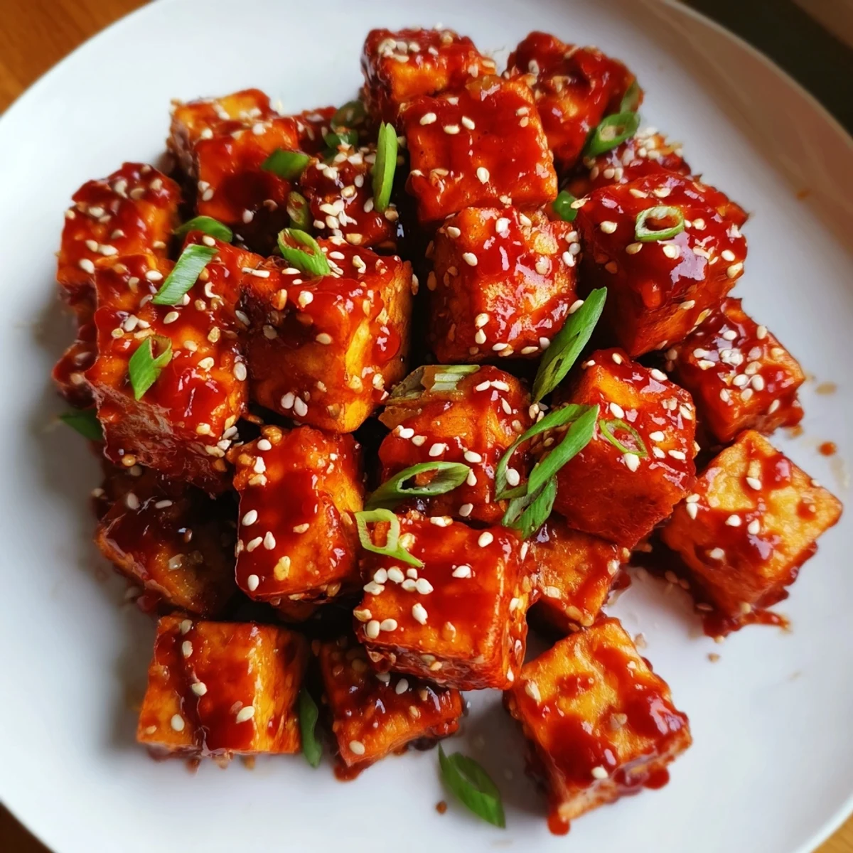 Golden-brown cubes of Honey Gochujang Tofu, coated in a sweet and spicy sauce, ready to serve.