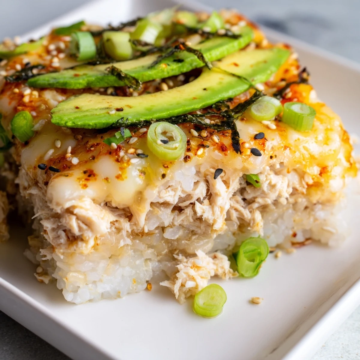 Golden bubbly Chicken Sushi Bake, a warm casserole with seasoned rice and delicious toppings.