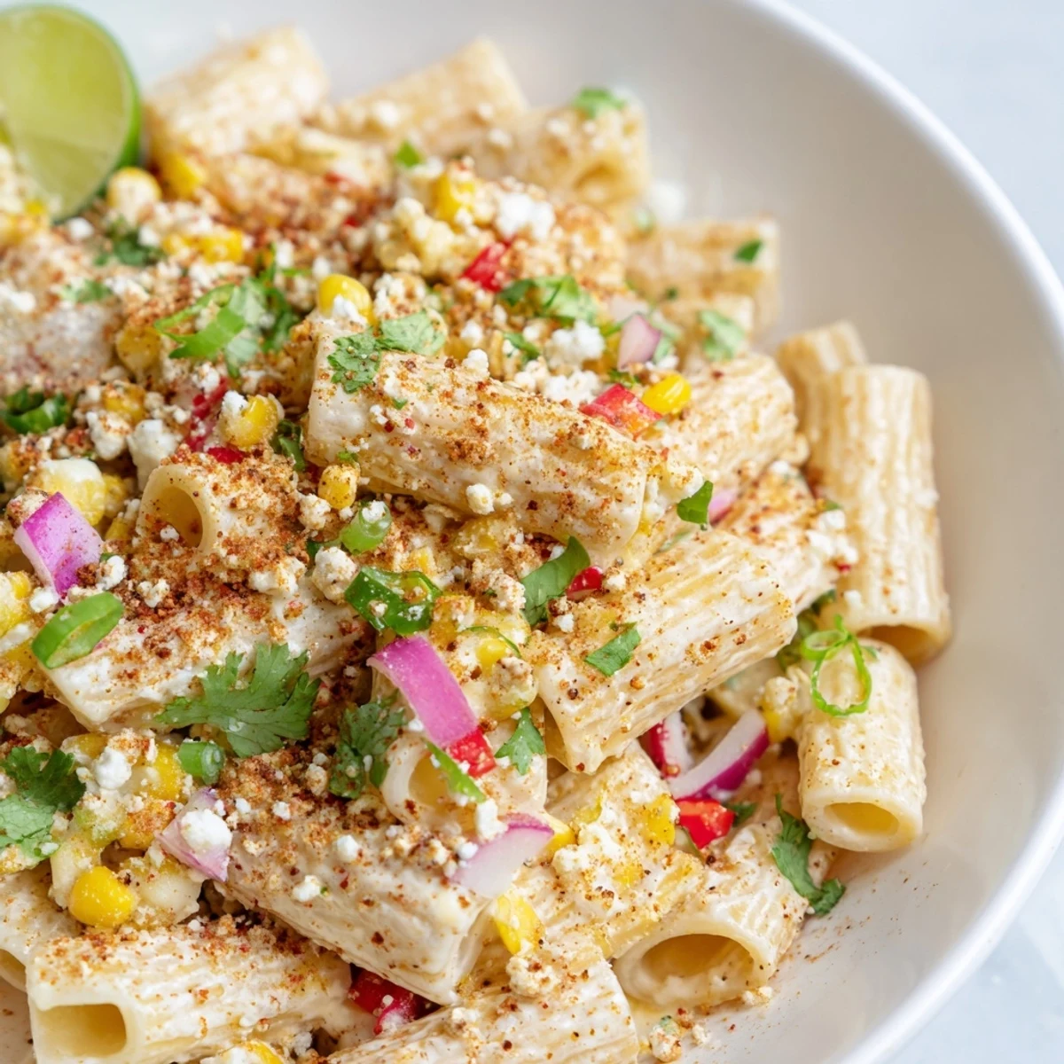 Creamy Mexican Street Corn Pasta, with vibrant corn kernels and crumbled cotija, ready to serve.