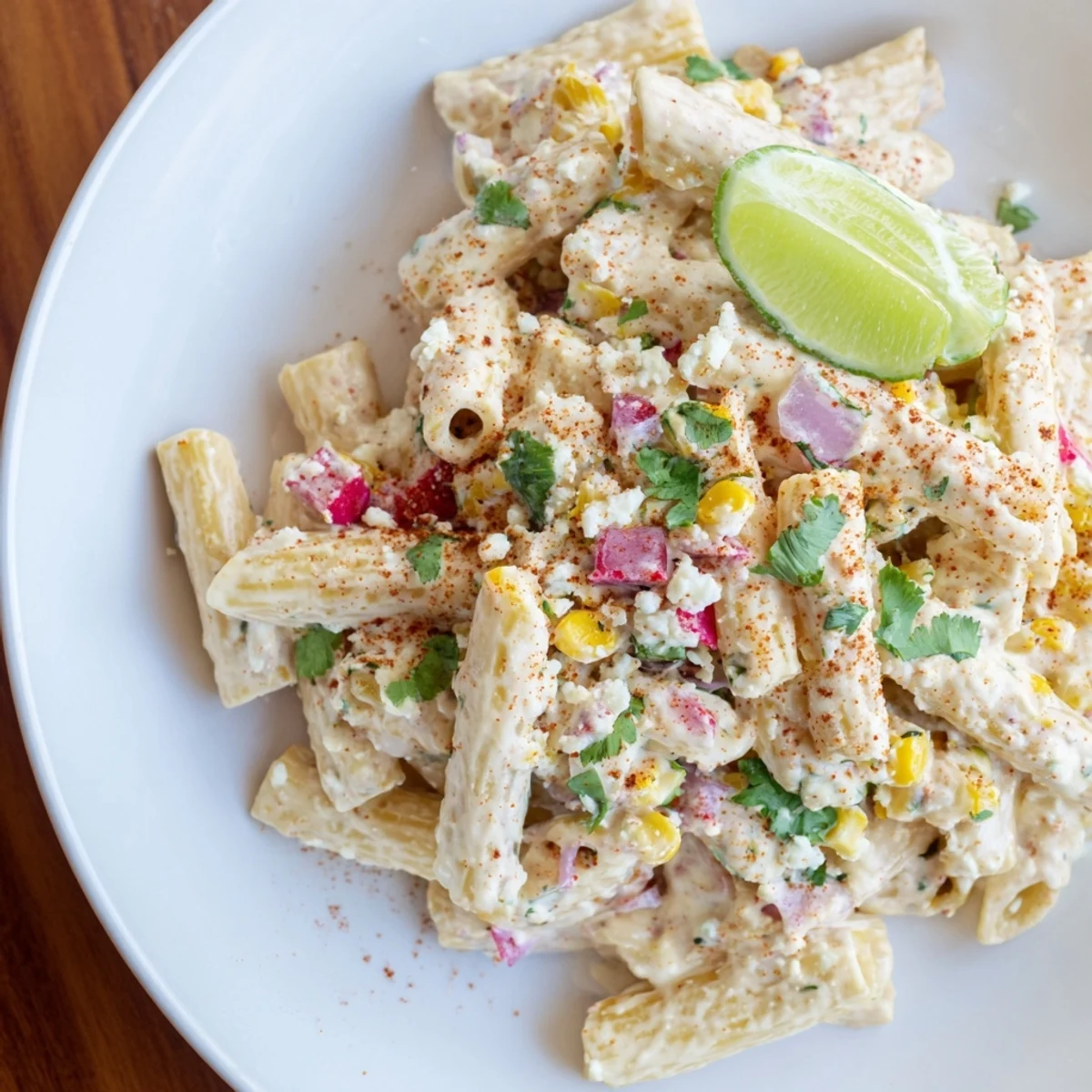A refreshing bowl of chilled Mexican Street Corn Pasta, perfect for a summer barbecue side dish.