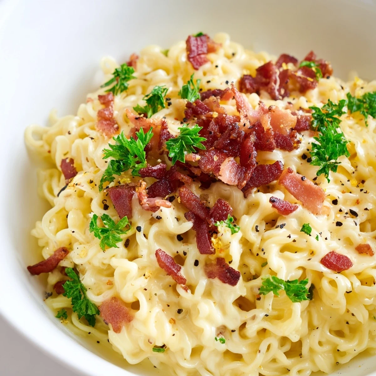 Creamy Ramen Carbonara Hack: Imagine beautifully coated noodles topped with fresh parsley and extra Parmesan.