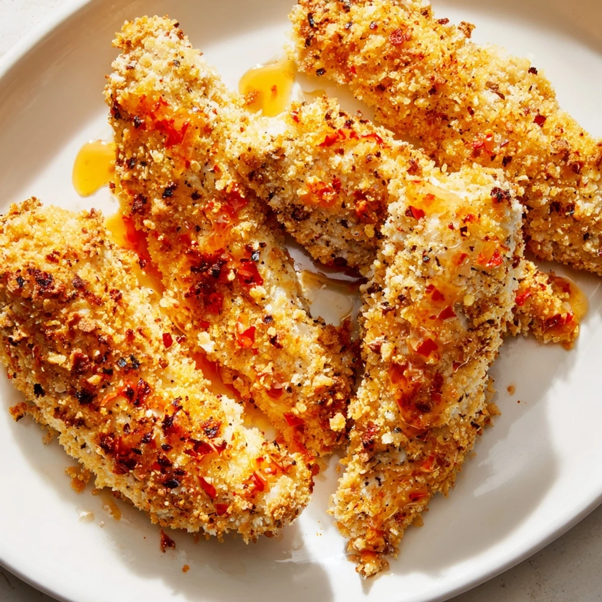 Golden-brown crispy panko chicken tenders drizzled with fiery hot honey, ready to eat for dinner.
