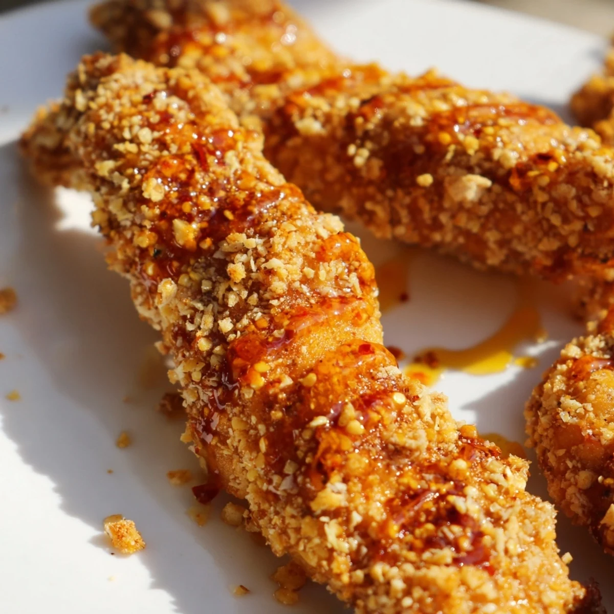 Close-up of freshly cooked crispy panko chicken tenders, showcasing the hot honey’s beautiful shine.