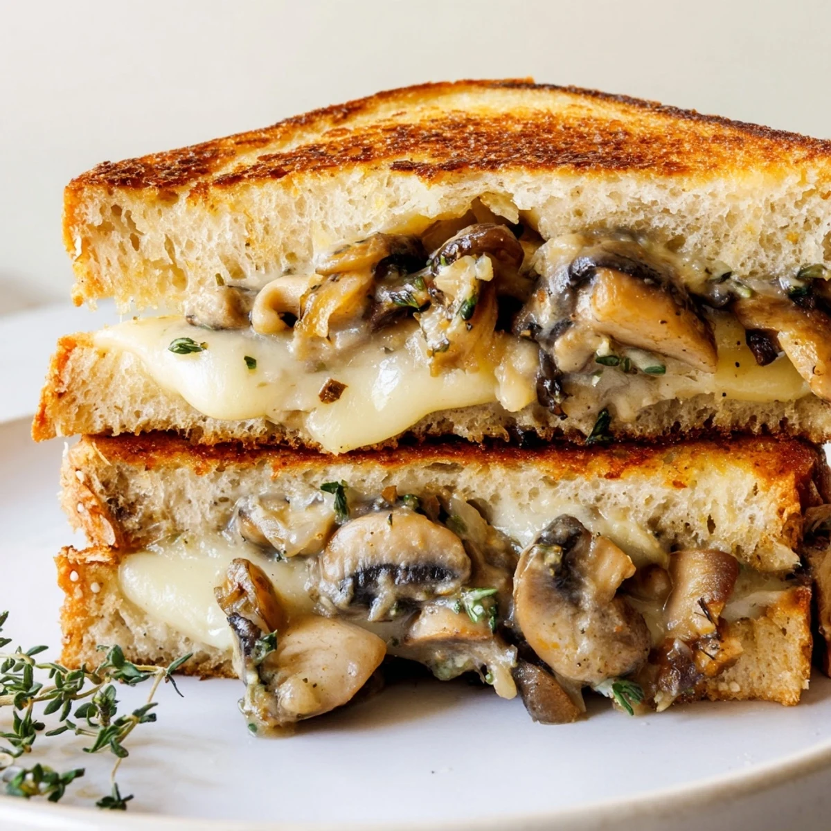 A photo shows a creamy mushroom grilled cheese, boasting golden, crusty bread and gooey, melted cheese.