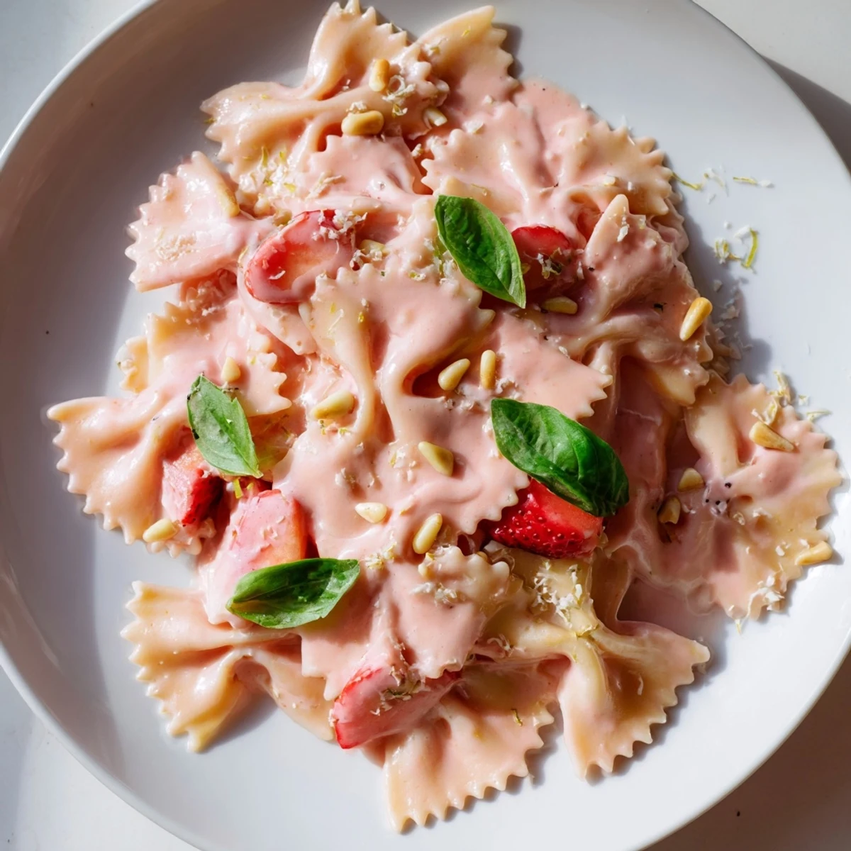 Vibrant photo of Strawberry Sour Cream Pasta, creamy pink sauce coating perfectly cooked farfalle.