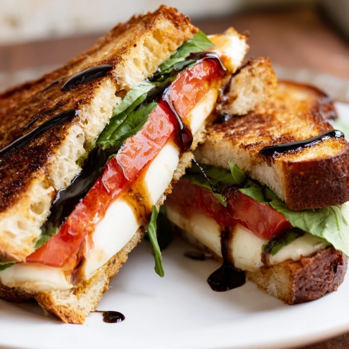 Golden, cheesy Caprese Salad Grilled Cheese with warm, melted mozzarella and juicy tomato slices.