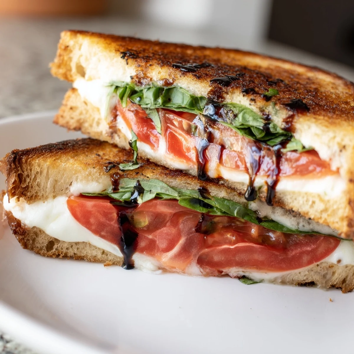 Fresh basil and balsamic glaze complement the flavorful Caprese Salad Grilled Cheese oozing with melted cheese.
