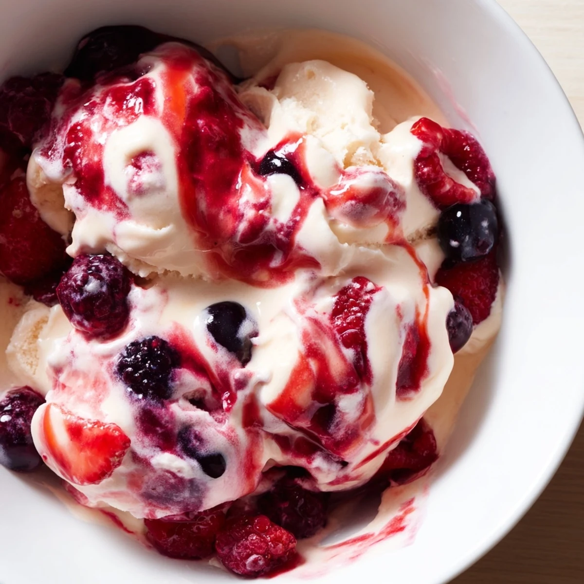 A scoop of cold, homemade cottage cheese ice cream, swirled with purple berries, ready to enjoy.