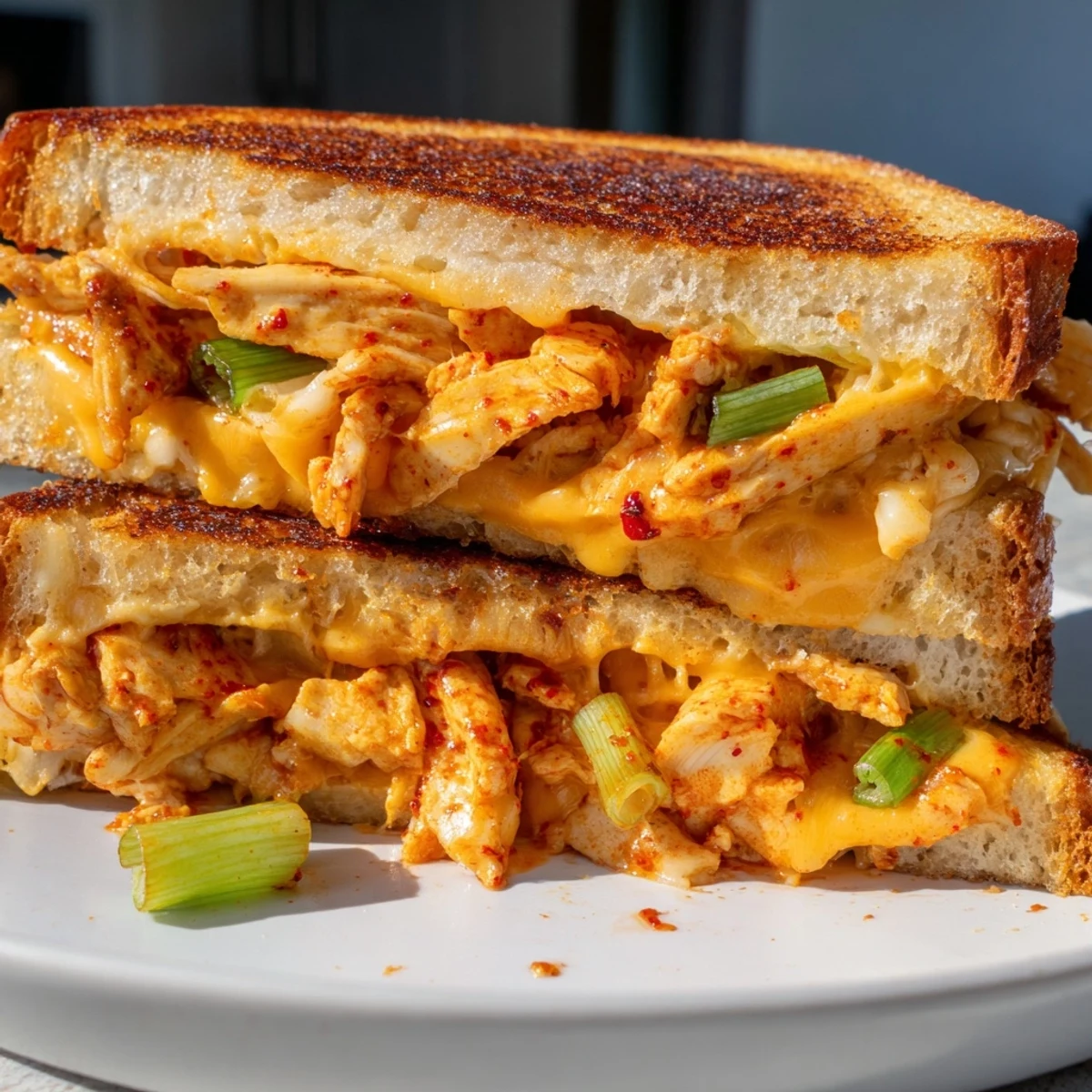 Golden, crispy Gochujang Mayo Chicken Sandwich grilled cheese oozing with melted cheese, ready to eat.