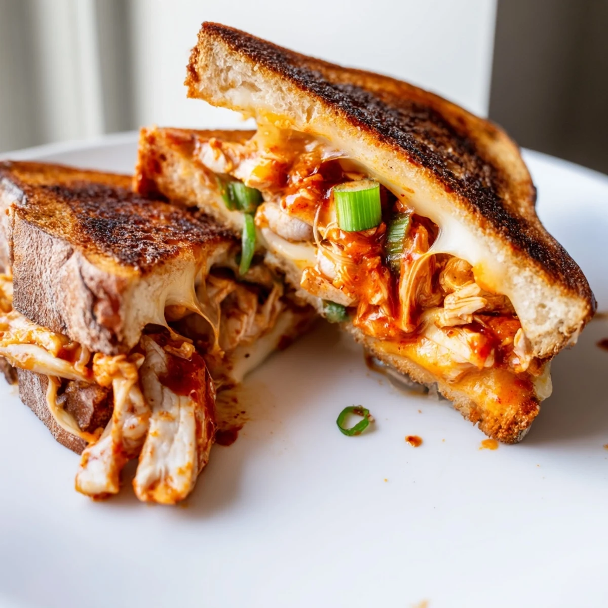A stack of delicious Gochujang Mayo Chicken Sandwiches grilled on sourdough, with visible layers of chicken and cheese.