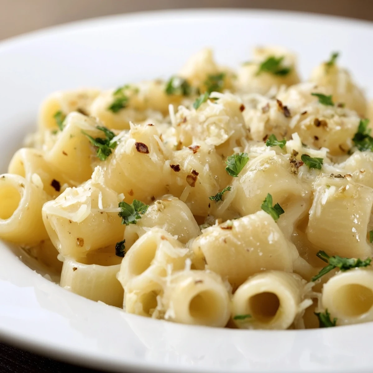 Creamy ditalini pasta glistening, coated in a rich garlic sauce with fresh parsley garnish.