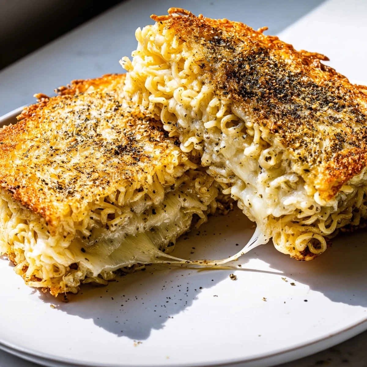 A steaming Ramen Grilled Cheese sandwich, showing the perfectly melted cheese oozing between noodle buns.