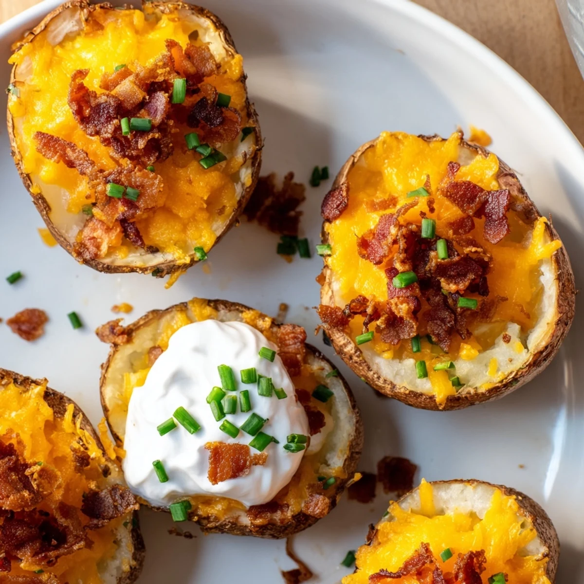 Hot, crispy loaded baked potato skins with visible bacon crumbles and fresh chives, ready to eat.