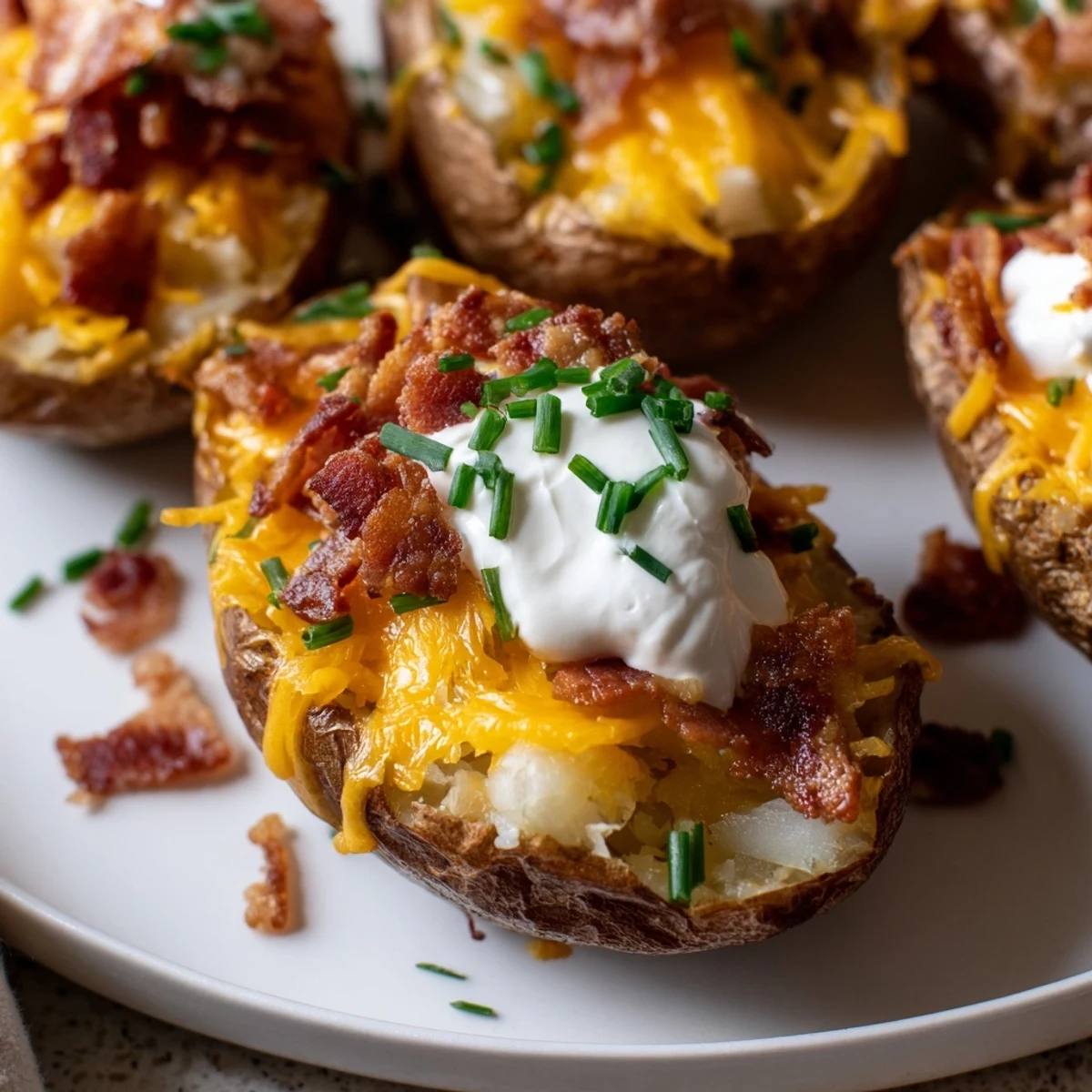 Golden, bubbly loaded baked potato skins topped with melted cheese, bacon, and sour cream.