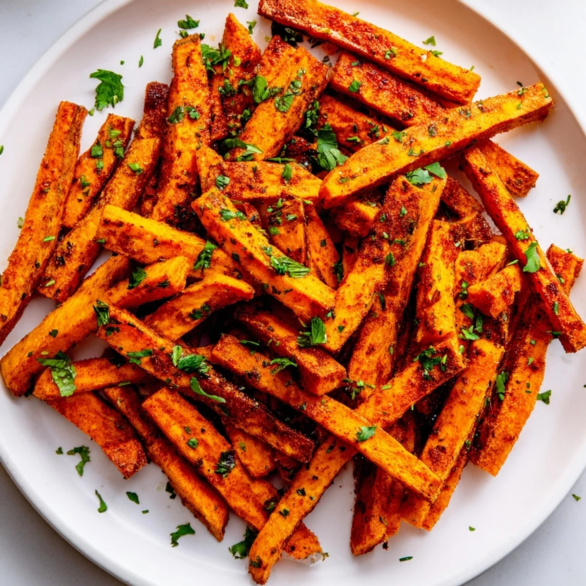Savory and spicy Cajun Spiced Sweet Potato Fries, piled high, a delicious, easy side dish option.