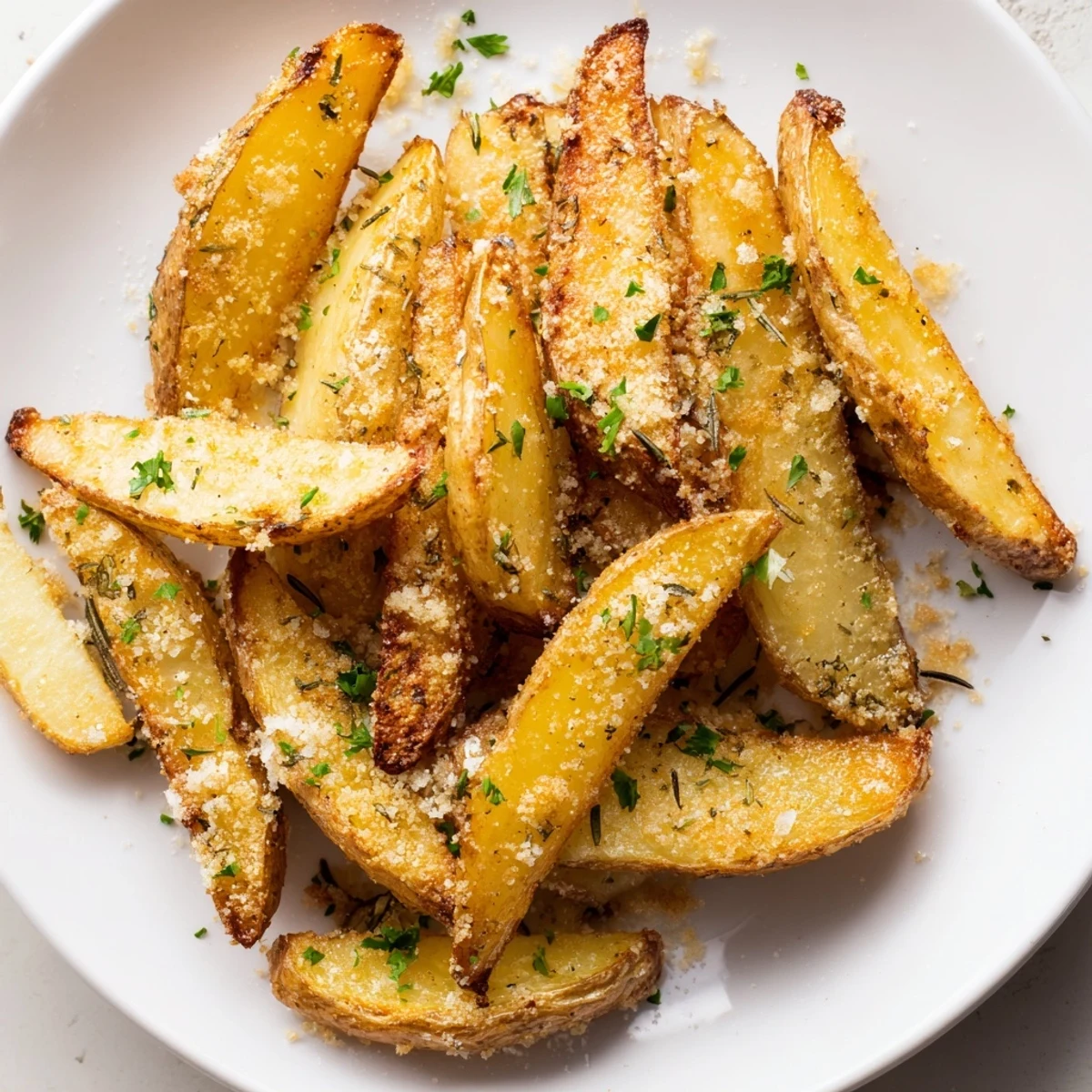 Golden and crispy Rosemary Parmesan Potato Wedges sprinkled with fresh Parmesan, ready to serve warm.