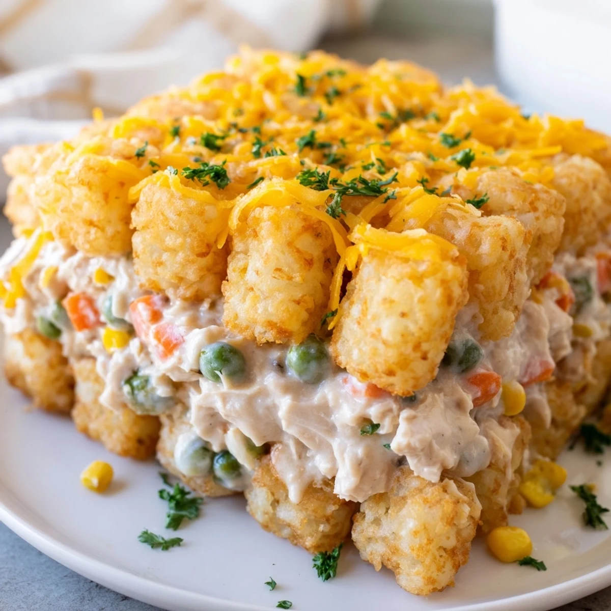 A bubbling 9x13 dish of Crispy Tater Tot Casserole: golden tots topping a savory chicken, creamy comfort food.