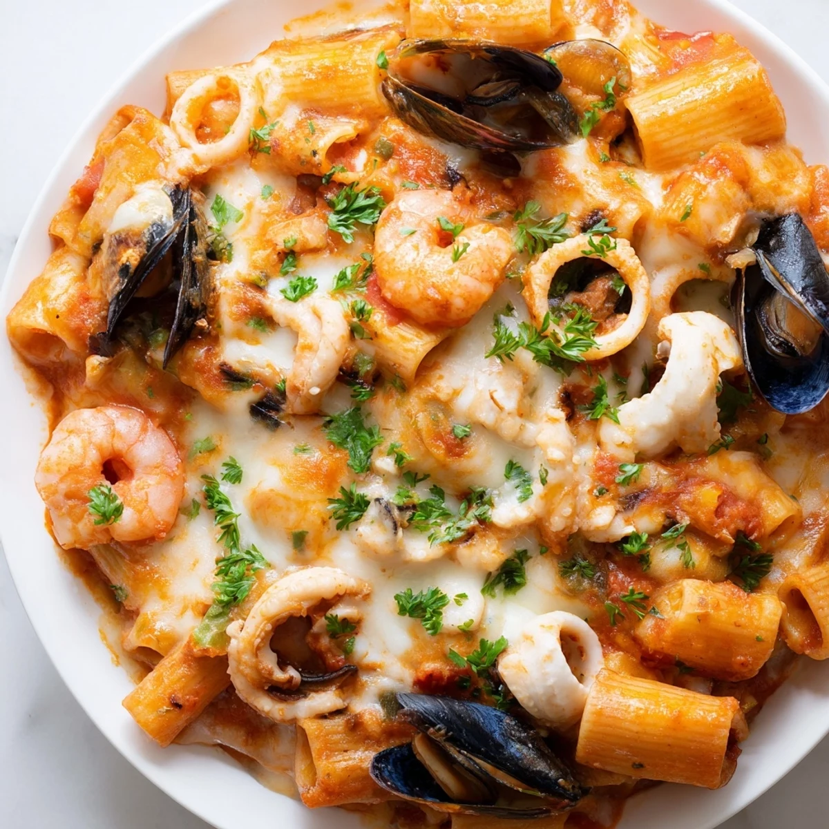 Golden, bubbly Seafood Pasta Bake, a creamy casserole with tender seafood and melted cheese.