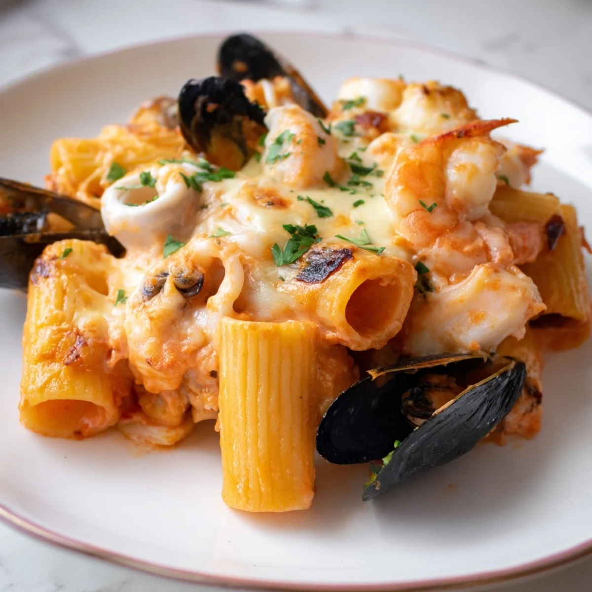 Close-up of a delightful Seafood Pasta Bake with mixed seafood, ready to be served.