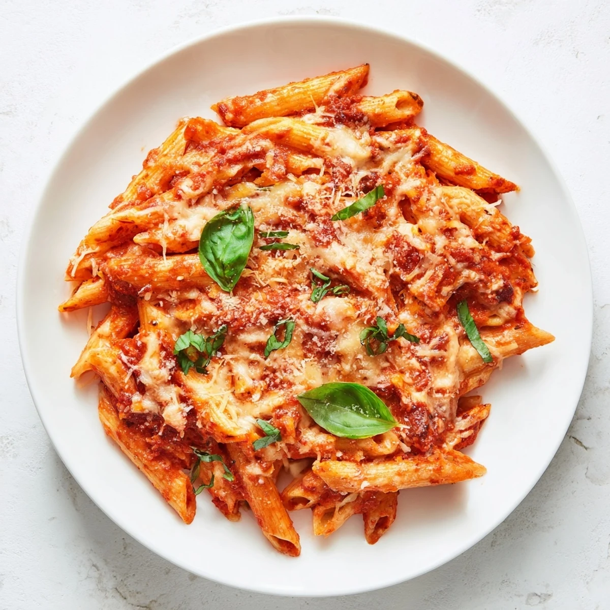 Fresh basil garnish atop a rich Baked Penne Arrabbiata, perfect for a cozy Italian meal tonight.
