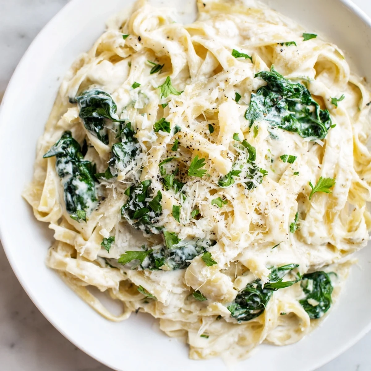 Creamy Spinach Fettuccine Alfredo: A vibrant plate of pasta with wilted spinach and rich, creamy sauce.