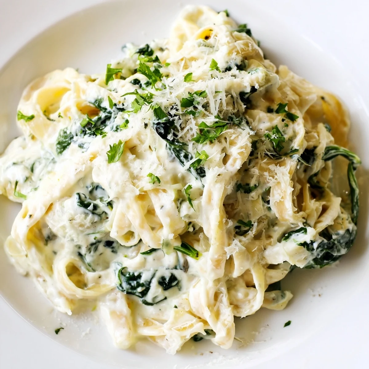 Image of Creamy Spinach Fettuccine Alfredo, a comforting Italian pasta dish topped with fresh parsley.