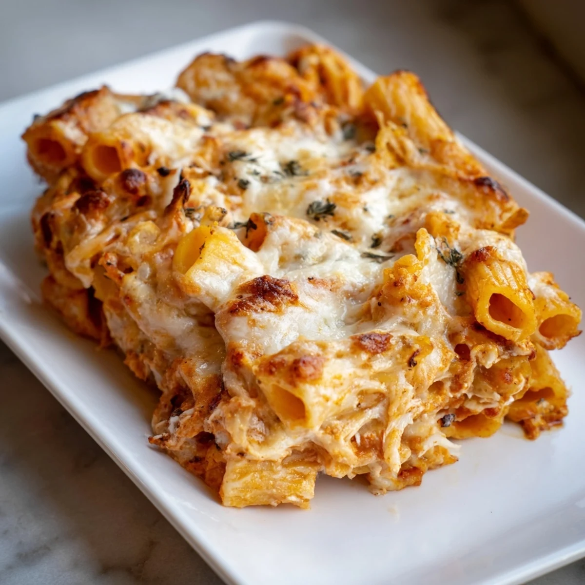 Creamy Four Cheese Baked Pasta, bubbly and golden, ready for serving with a sprinkle of fresh basil.