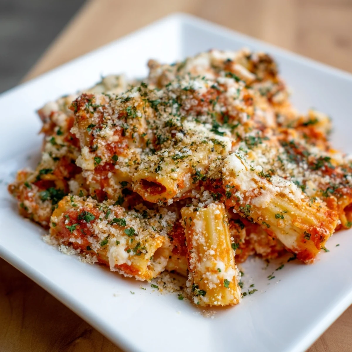 Cheesy Four Cheese Baked Pasta with a crusty top, oozing with mozzarella and a rich marinara sauce.