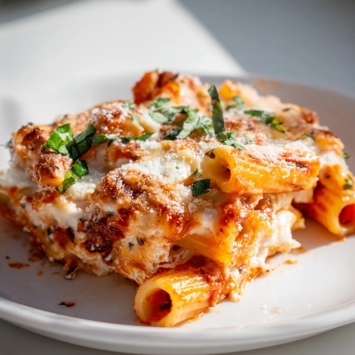 A casserole dish overflowing with golden, bubbly Cheesy Baked Ziti, ready to serve with family.