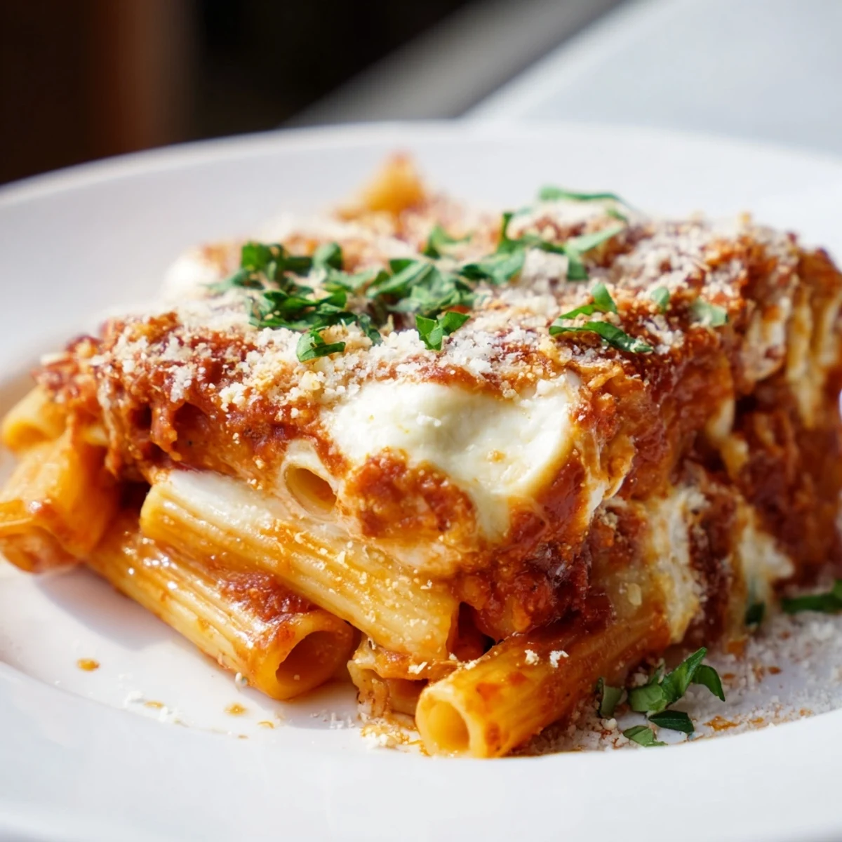 Close-up of a cheesy, bubbling Cheesy Baked Ziti, inviting aromas of Italian herbs and fresh basil.