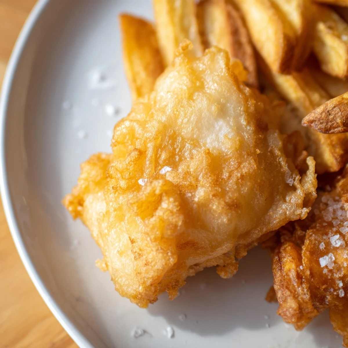 Golden, crispy British fish and chips, a classic pub meal, is served with thick, salty fries.