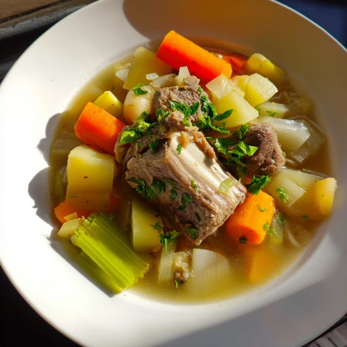A steaming bowl of Welsh Cawl stew, with tender lamb and hearty vegetables for a cozy meal.