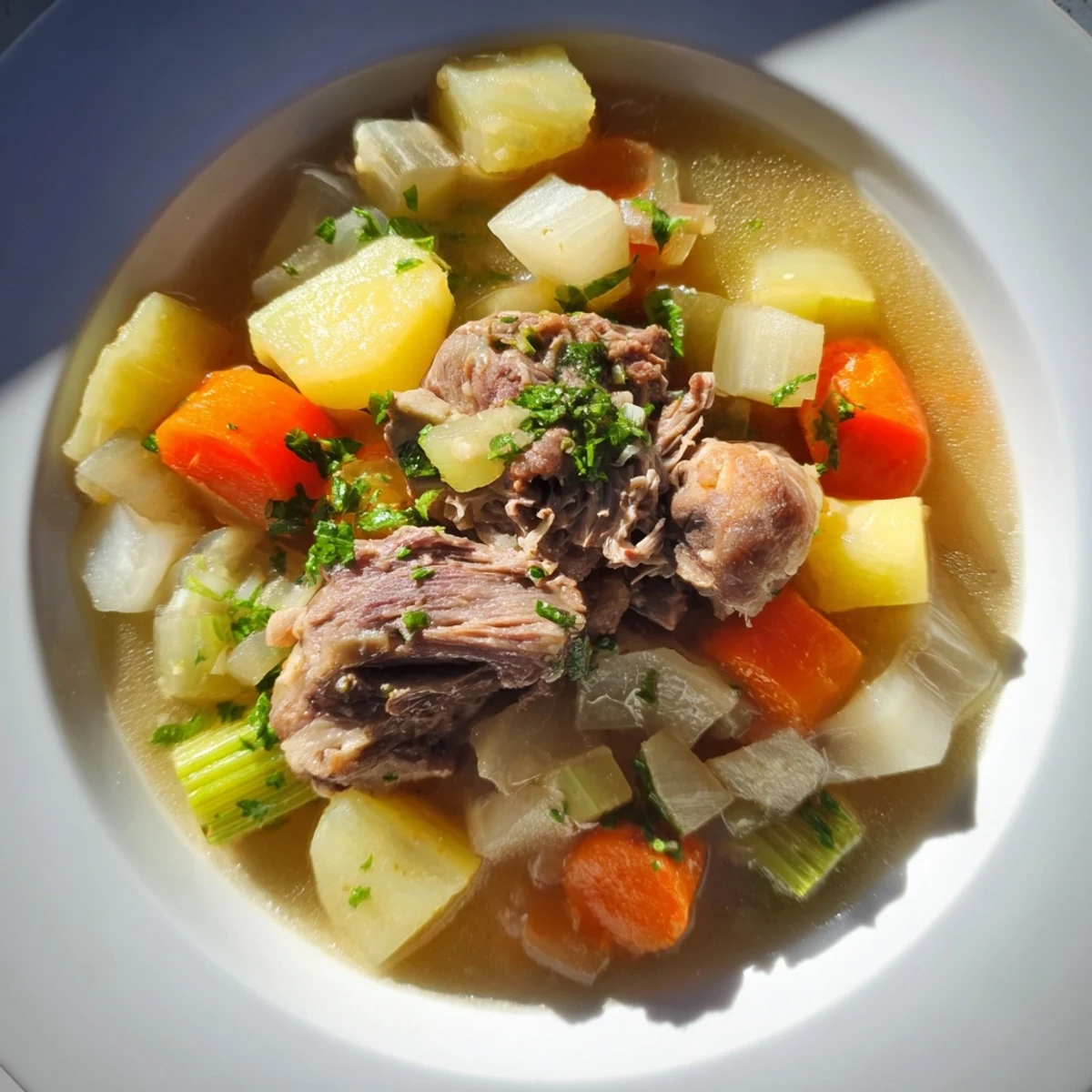 Warm, savory Welsh Cawl stew with chunks of meat and vegetables, perfect for a cold evening.