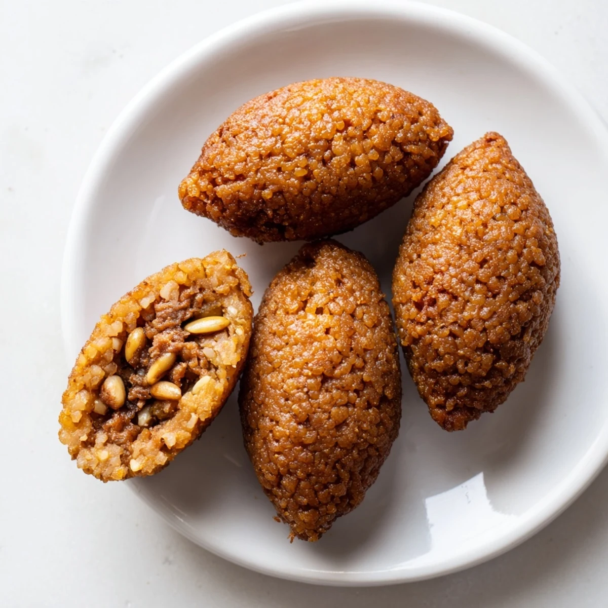 Golden-brown Lebanese Kibbeh, shaped like footballs, sits ready to be served with creamy yogurt.