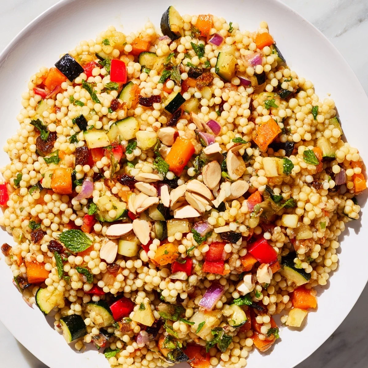 This flavorful Moroccan couscous salad features vibrant roasted vegetables mingling with fluffy couscous.