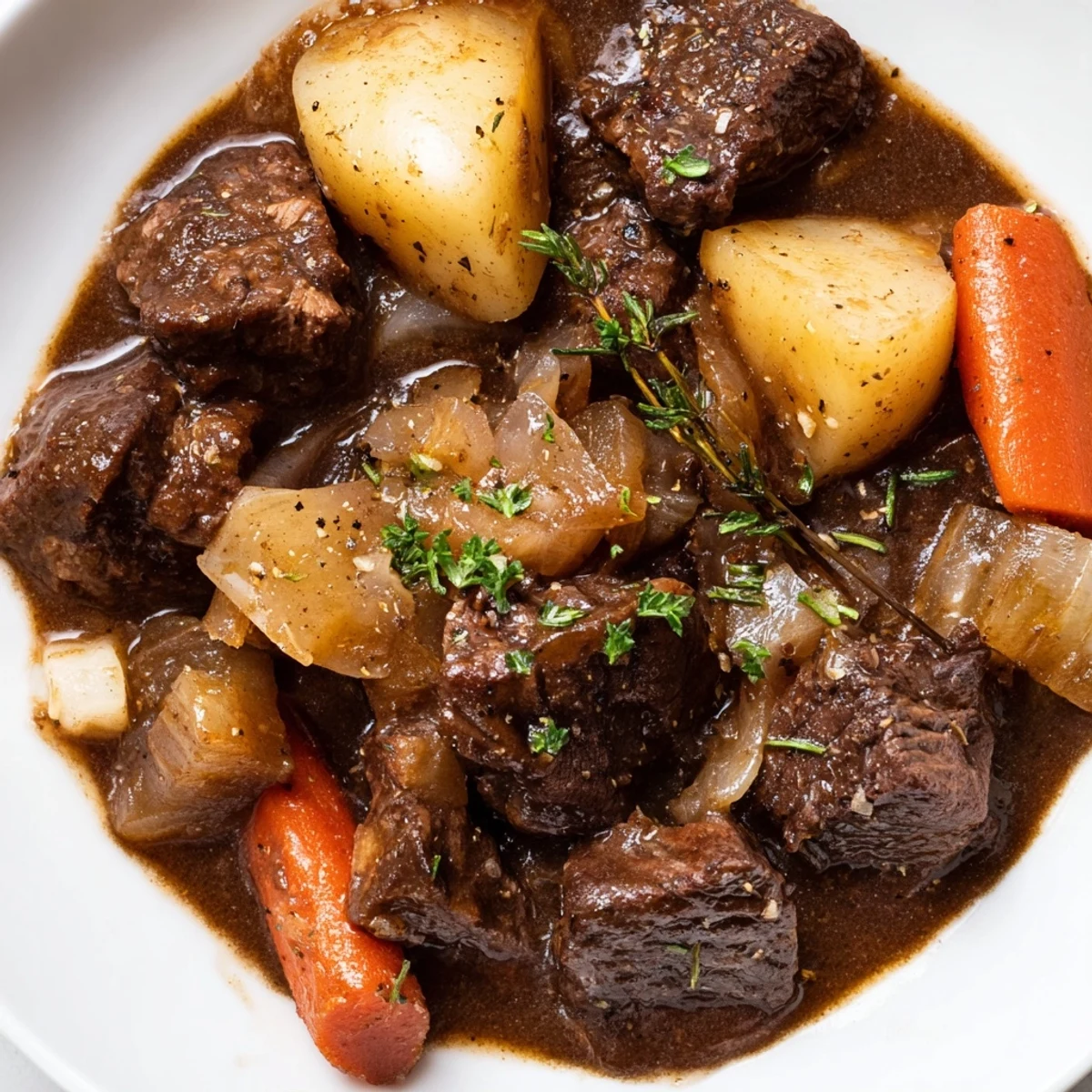 Steaming Irish Beef Stew with tender beef, carrots, and potatoes, a hearty meal for cold evenings.