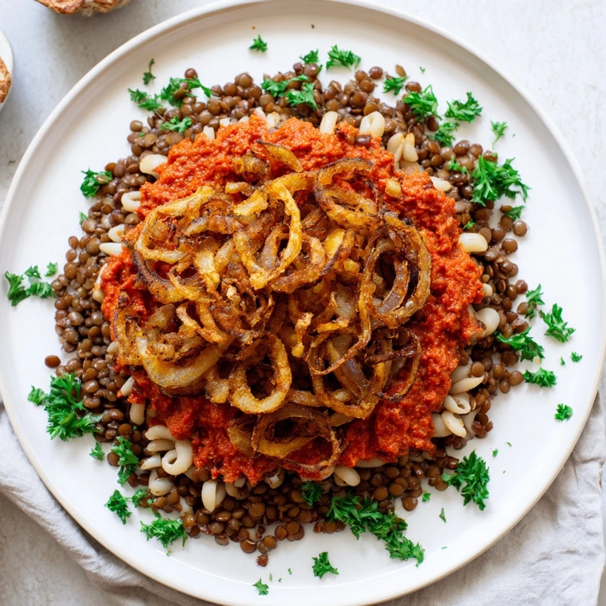 This warm Egyptian Koshari features layers of rice, lentils, pasta, and vibrant tomato sauce, ready to serve and enjoy.