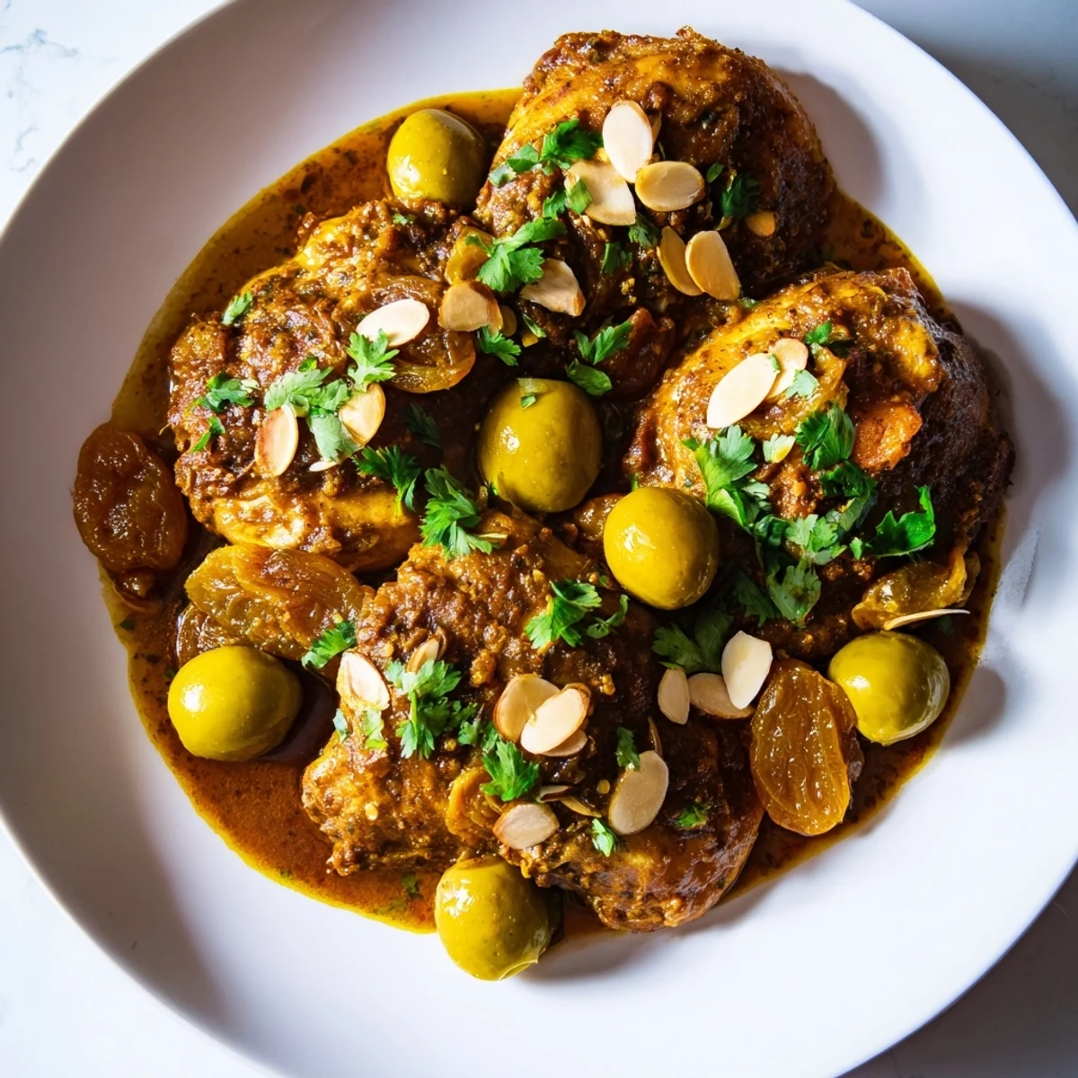 Golden chunks of Moroccan Tagine Chicken simmering with plump apricots and fragrant spices in a rich sauce.
