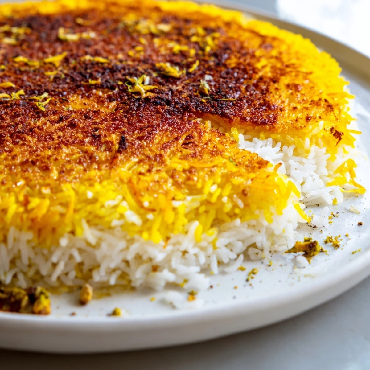Golden, crispy Persian Tahdig rice with a caramelized crust is ready to serve for dinner.