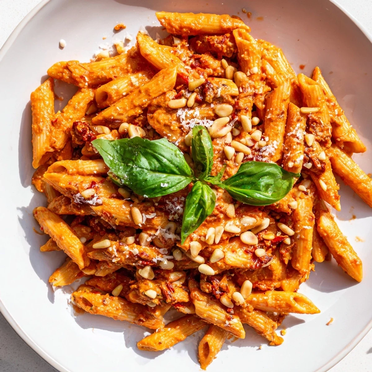 A serving of homemade Sun-Dried Tomato Pesto Pasta with colorful penne noodles, basil leaves, and a glass of Pinot Grigio nearby.