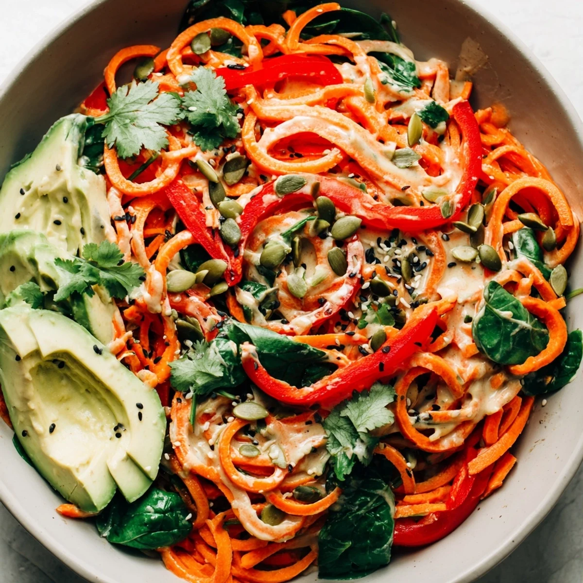 Freshly spiralized carrot noodles in a vibrant bowl, topped with creamy avocado, crisp veggies, and a drizzle of tahini-lime dressing.