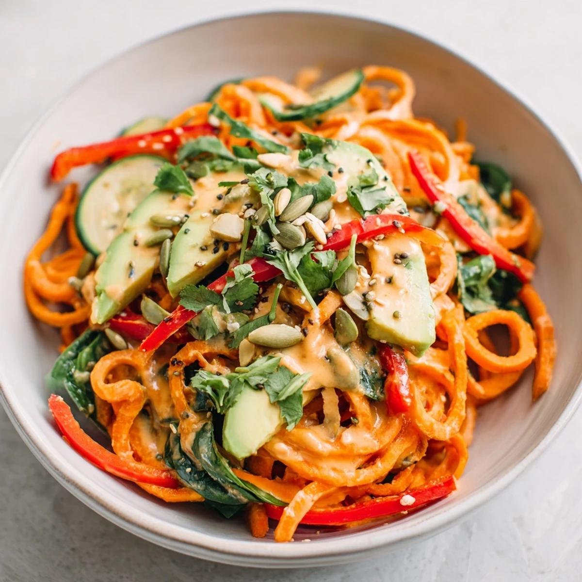 A nourishing Carrot Noodle Skincare Bowl featuring bright spiralized carrots, fresh spinach, and crunchy sesame seeds, ready to serve.