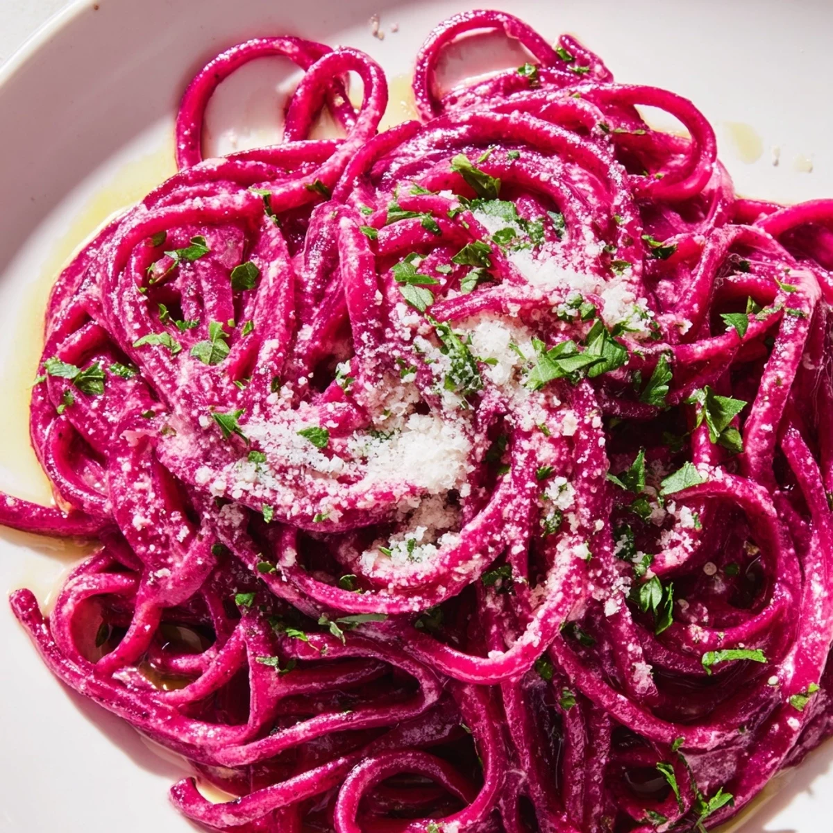 Roasted beet puree creates vibrant magenta pasta dough for a stunning homemade pasta dish.