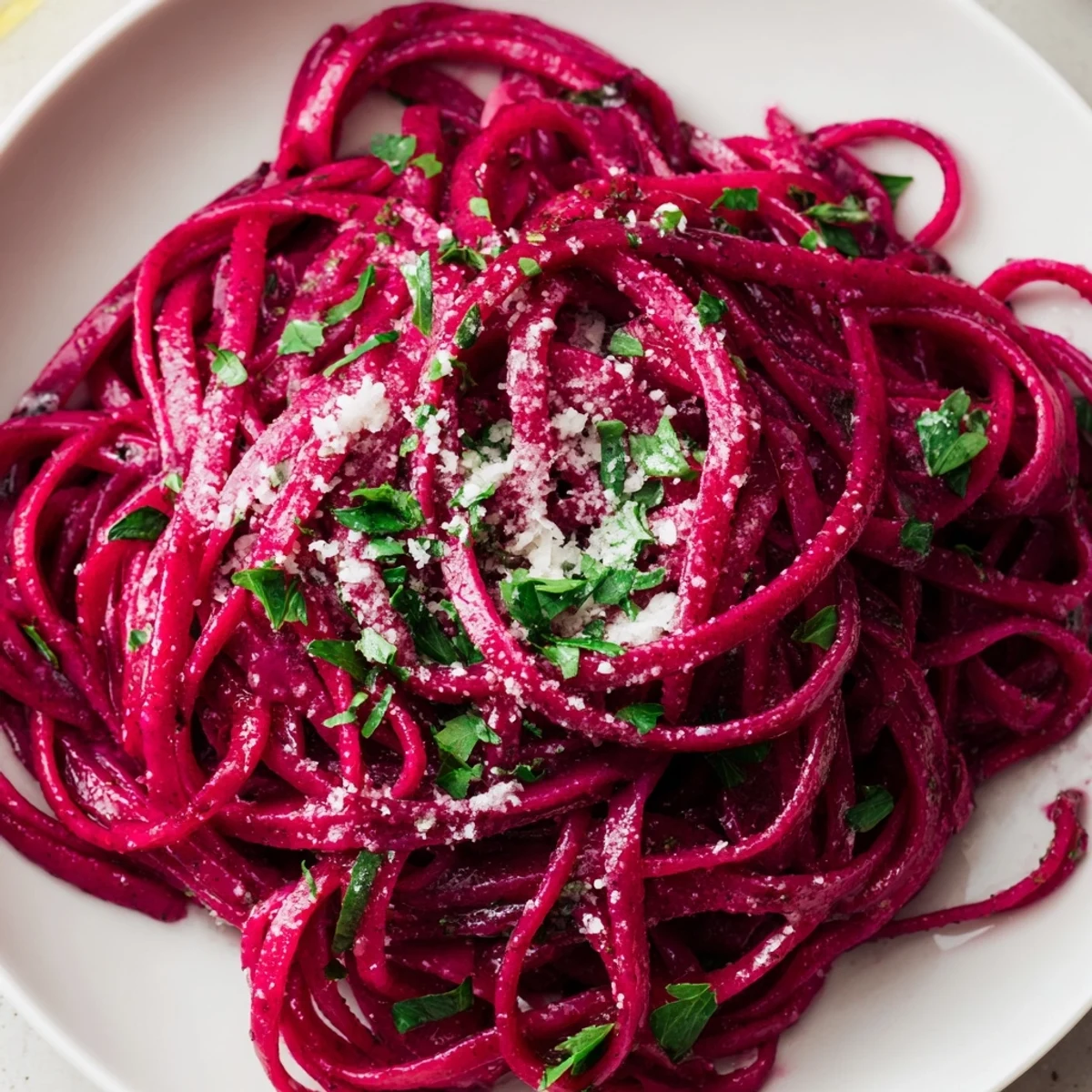 Serving of beet noodle pasta with fresh herbs and grated cheese on a rustic wooden table.