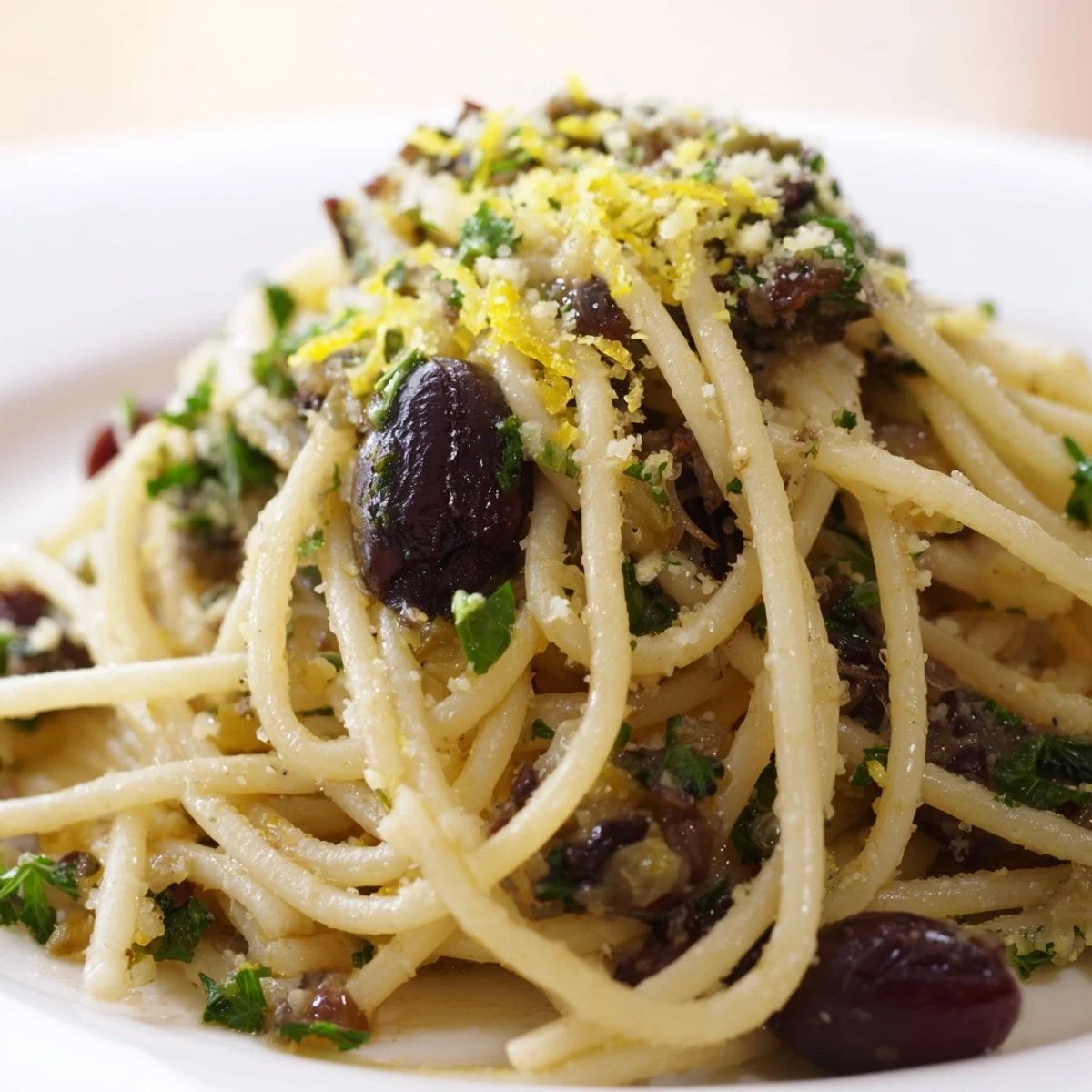 A close-up of Olive Tapenade Pasta twirled on a fork, showcasing the chunky olive and caper coating against vibrant parsley garnish.