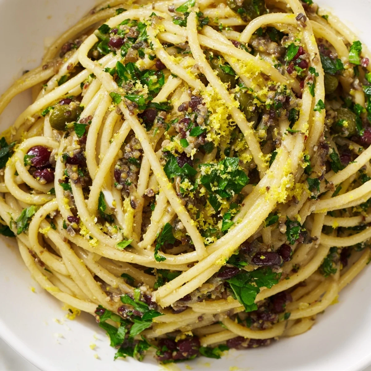 A skillet of glistening Olive Tapenade Pasta with a final toss, steam rising from the savory, herb-infused Mediterranean main dish.
